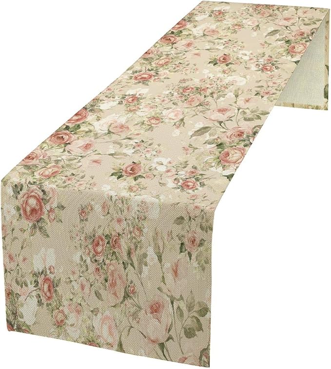 Lovely Rose Table Runner, Red and White Vintage Rose Delicate Floral Natural Pattern Long Table Restaurant Kitchen Holiday Party Decoration,13in（33cm） W * 120in（305cm） L