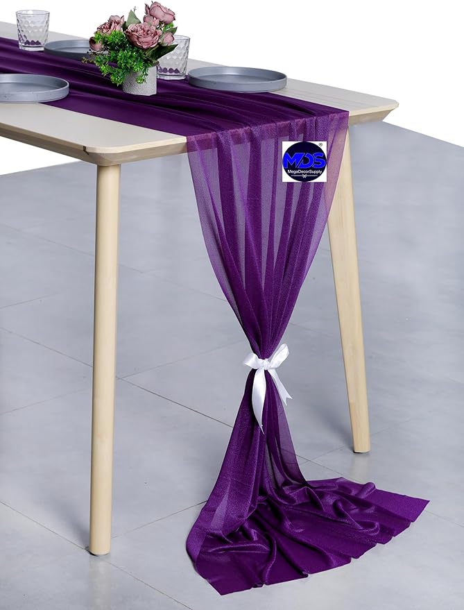 MDS Halloween Chiffon Table Runner - 20 Pack, 29 x 170 Inches, 14ft Each - Sheer Spooky Table Runners for Haunted House Parties, Trick-or-Treat Tables, Witchy Décor, Wedding & Events - Cadbury Purple
