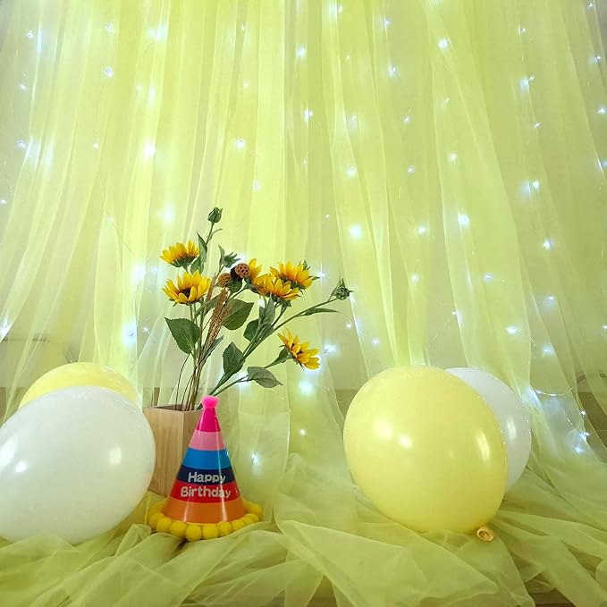Yellow Tulle Backdrop Curtains with Lights String for Birthday Party Photoshoot 10ft × 8ft Sheer Backdrop Curtains for Baby Shower Wedding Background Decorations 2 Panels 5×8ft
