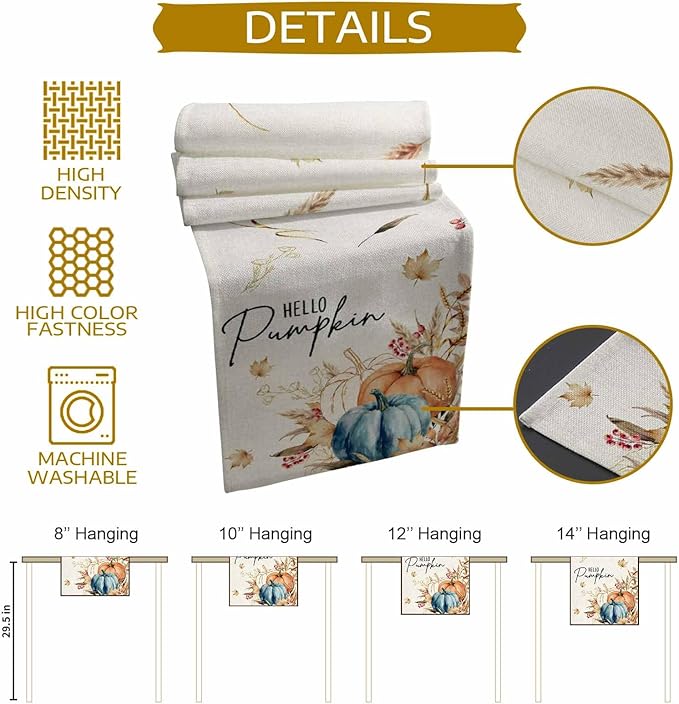 Fall Thanksgiving Cotton Linen Table Runner for Dining Kitchen, Orange Pumpkins Outdoor Party Autumn Tablerunners Decoration, Rustic Wheat Leaves Dresser Scarf Coffee Tablecloth Runners 13x36 Inches