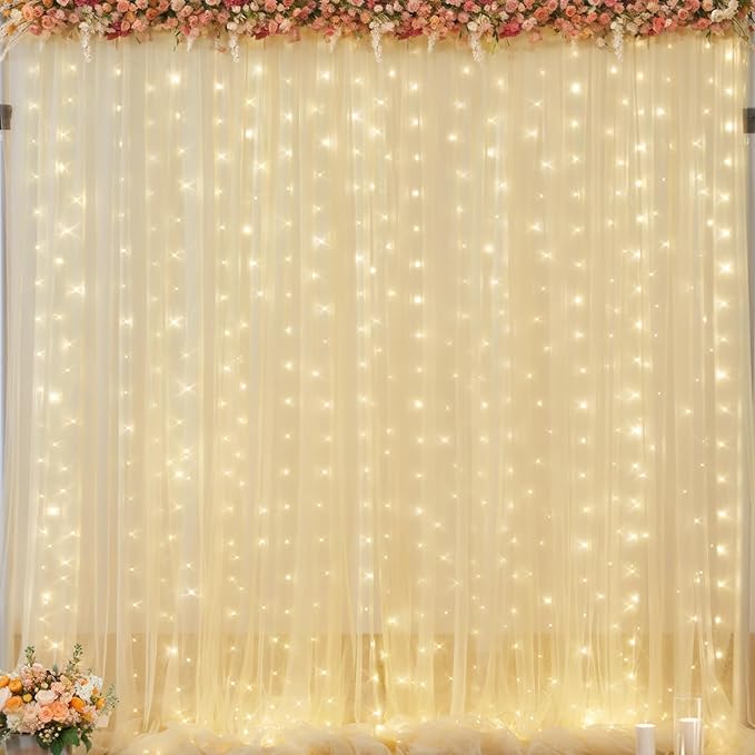 gogoparti 20x10ft Champagne Tulle Backdrop Curtains with Lights for Party Wedding Baby Shower, Sheer Wrinkle Free Backdrop Curtains for Birthday Party Photo Booth Background Decoration
