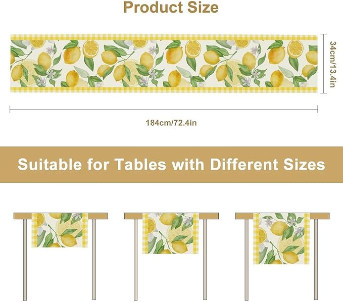 Lemon Table Runner,Yellow White Buffalo Plaid Summer Table Runner for Kitchen Dining Table Home Party Decoration 13x90 Inch