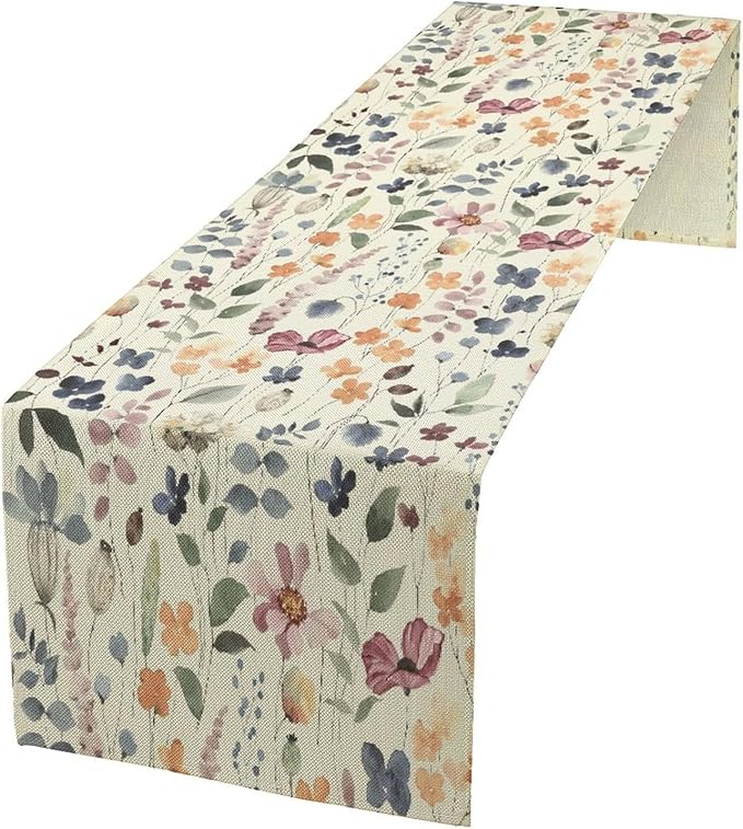 Watercolor Floral Table Runner, Vintage Colorful Floral Natural Style Pattern Decorative Home Restaurant Kitchen Rectangle Table Runner,13in（33cm） W * 120in（305cm） L