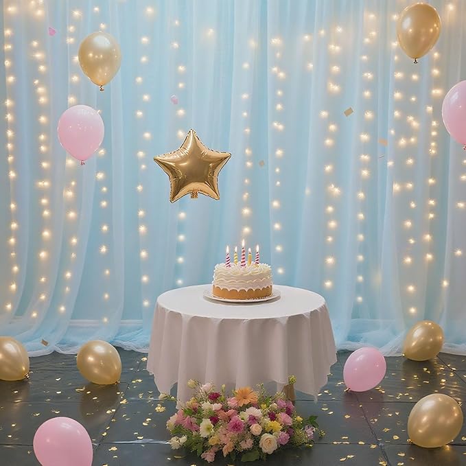 10×10ft Tulle Backdrop Curtains with Lights String - 300LED Fairy Lights Sheer Curtain Backdrop for Weddings Baby Shower and Birthday Party Decorations(4 Panels 5×10ft)