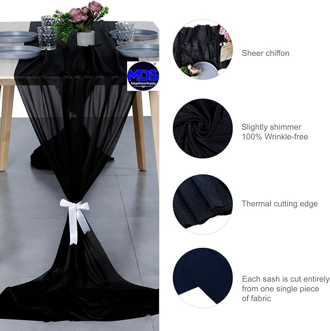 MDS Halloween Chiffon Table Runner - 5 Pack, 29 x 170 Inches, 14ft Each - Sheer Spooky Table Runners for Haunted House Parties, Trick-or-Treat Tables, Witchy Décor, Wedding & Events - Black