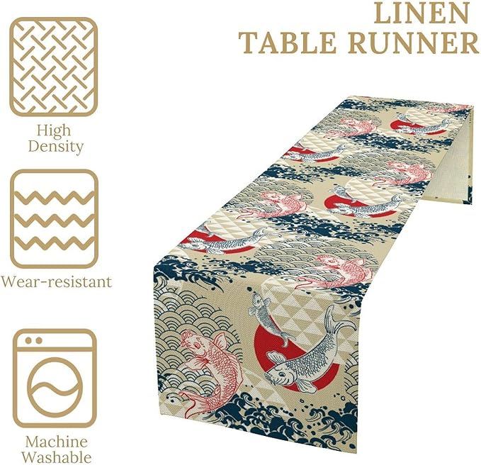 Japanese Table Runner Oriental Tradition Kio Fish Art Printed Burlap Runner Home Kitchen Dining Table Living Room Decor Fabric 1 Panel W13xL60in
