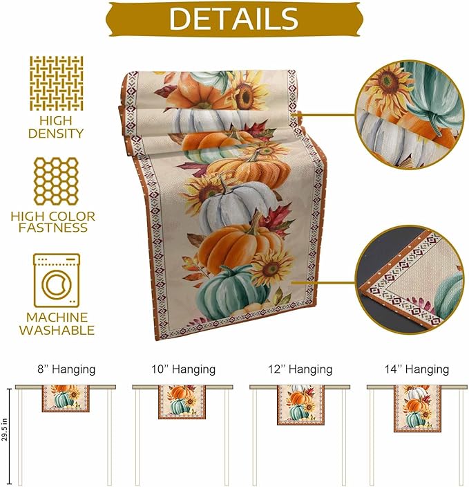Fall Thanksgiving Southwest Cotton Linen Table Runner for Dining Kitchen, Orange Pumpkins Wedding Outdoor Party Rustic Tablerunners Decoration, Sunflower Dresser Scarf Tablecloth Runners 13x108 Inches