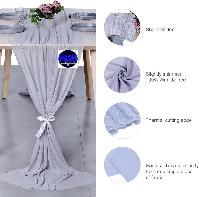 MDS Halloween Chiffon Table Runner - 10 Pack, 29 x 170 Inches, 14ft Each - Sheer Spooky Table Runners for Haunted House Parties, Trick-or-Treat Tables, Witchy Décor, Wedding & Events - Cool Gray