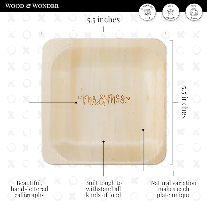 Mr. and Mrs. Disposable Wedding Plates – Rustic, Compostable Alternative to Plastic Plates for Wedding Receptions, Engagement Parties, and Rehearsal Dinners (Appetizer, 50-Pack)