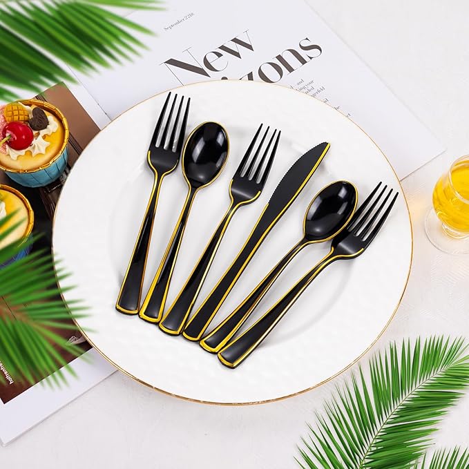 WDF 180 Pieces Black and Gold Plastic Silverware -Halloween Black Plastic Cutlery Incluede 60 Forks 60 Knives 60 Spoons Heavy Duty Disposable Flatware - Gold Utensils for Halloween/Party/Daily Use