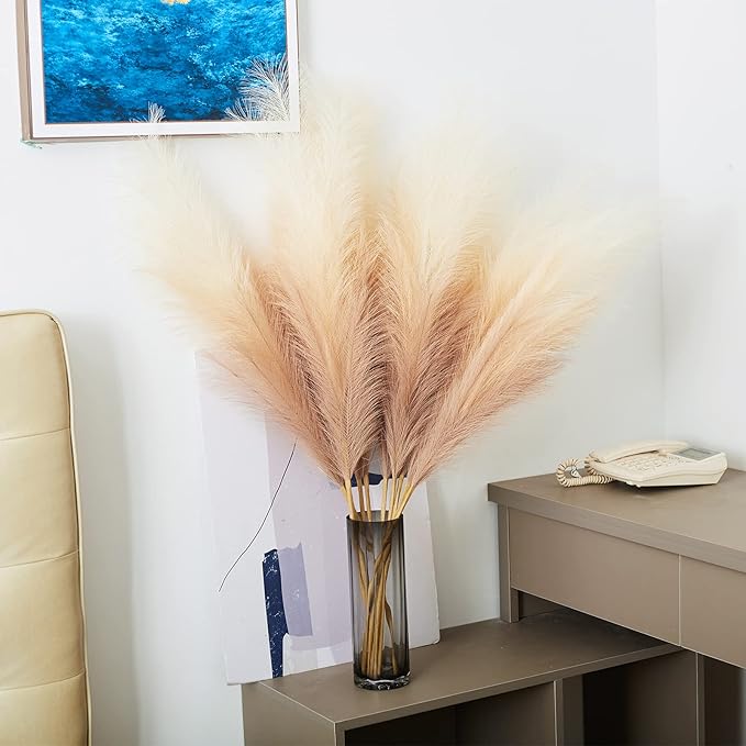 EVODIS Faux Pampas Grass Decor, 6 Stems Artificial Pampas Grass - 43 inch Tall Pompass Grass Large Pompous Boho Flower Arrangement Home Decor for Room Wedding Party