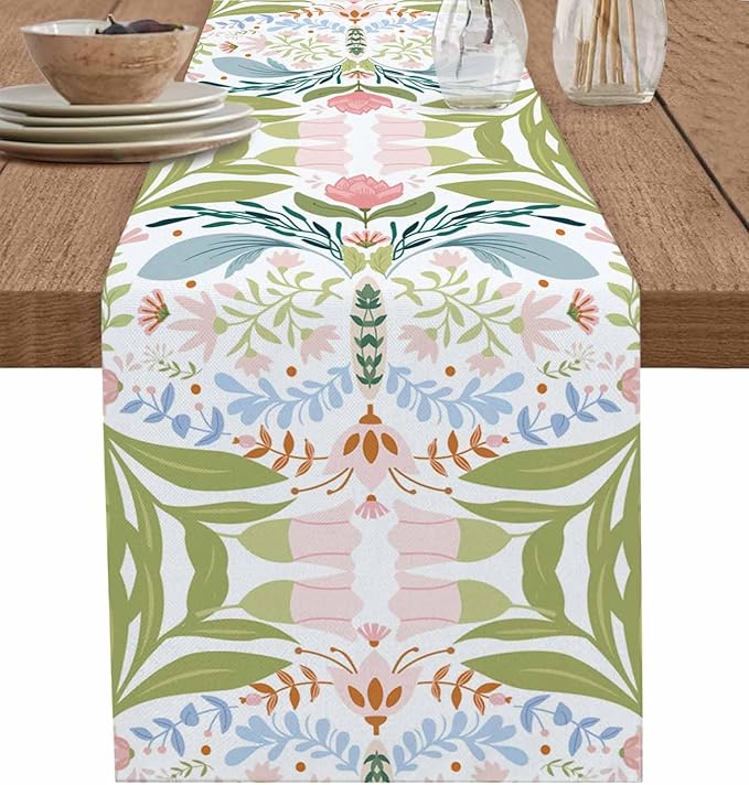 Green Blue Pink Boho Floral Cotton Linen Table Runner for Dining Kitchen, Wedding Outdoor Party Tablerunners Decoration, Retro Bohemian Botanical Dresser Scarf Coffee Tablecloth Runners 13x108 Inches