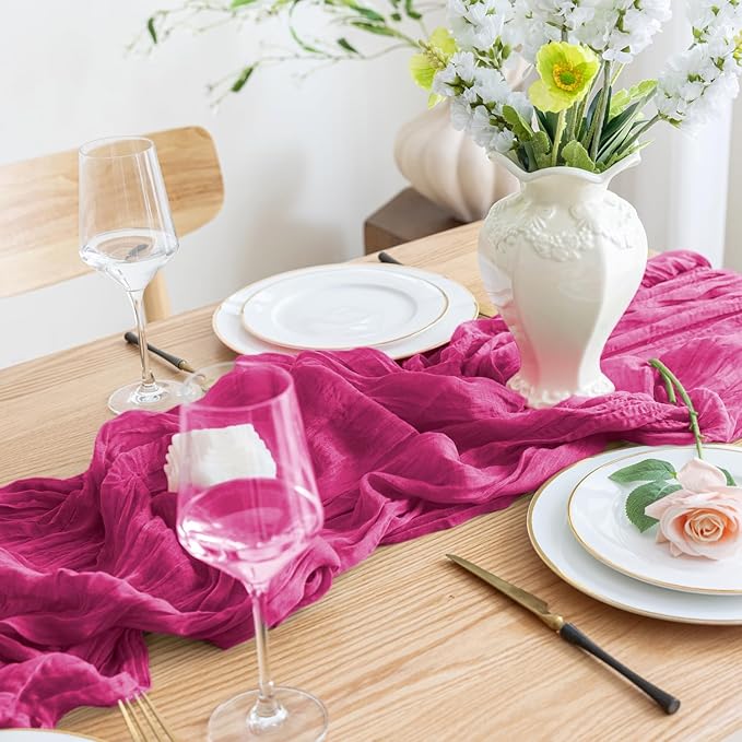 Asee'm 3pcs Cheesecloth Table Runner 120 Inches Long Fuchsia Boho Gauze Cheese Cloth Runner 10FT Rustic Sheer Table Runners for Christmas Wedding Party Baby Shower Spring Easter Decoration