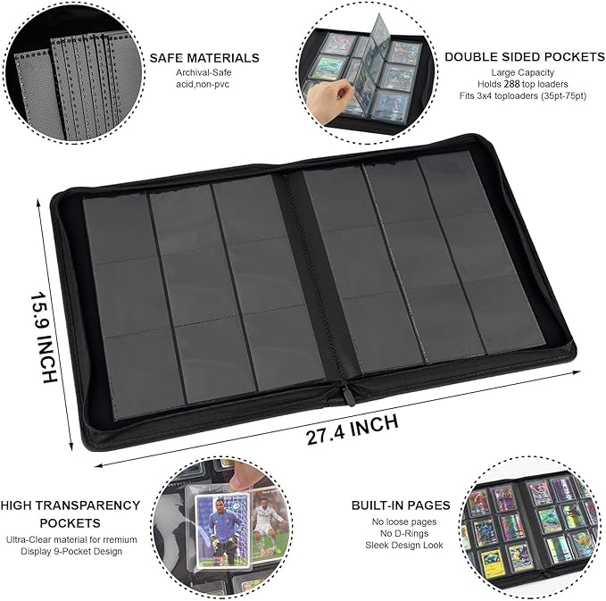 Toploader Binder with 9-Pocket Pages, Holds 288 "3×4" Rigid Toploader Hard Cases, Card Holder for Collectible Cards or Sports Cards, Durable Sleeves for Storage & Display (Black)