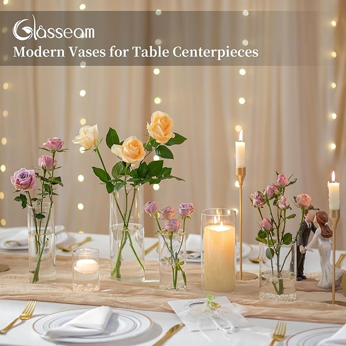 Glasseam Clear Cylinder Vases for Centerpieces, Glass Cylinder Vase Set of 6, Hurricane Vase for Flowers, Glass Cylinder Candle Holder for Pillar Candles, Floating Candle Vases for Wedding Decorations