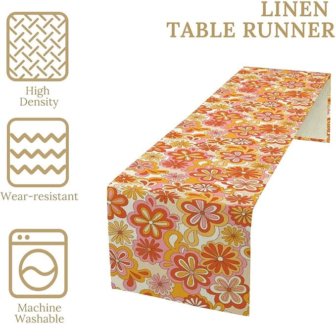 Vintage Floral Table Runner,70s Style Retro Daisies Flower Hippie Table Runner for Kitchen Dining Table Home Party Decoration 13x60 Inch