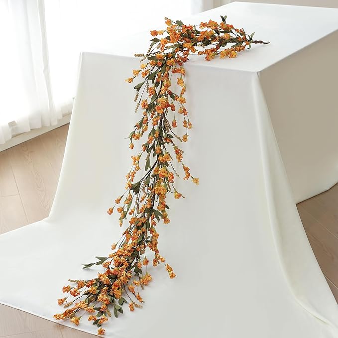 Mizii Fall Garland Artificial Flower Garlands 6 Feet Fake Wildflower Floral Garland Hanging Vines Flowers Decorations for Table Centerpieces Room Wall Fireplace Wedding Fall Decor (Burnt Orange)