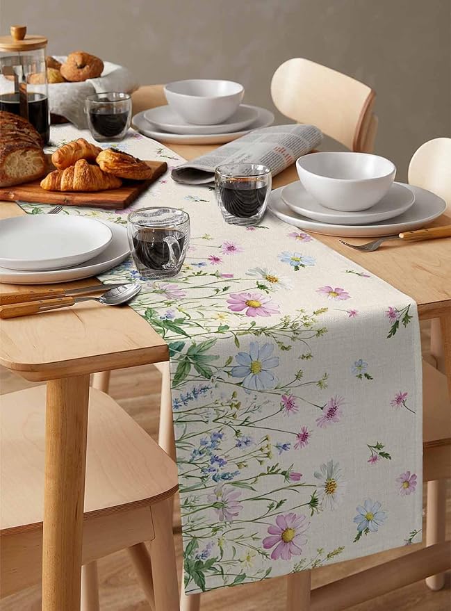 Vintage Wildflowers Cotton Linen Table Runner for Dining Kitchen, Wedding Outdoor Party Tablerunners Decoration, Farm Floral Pink Botanical Plants Dresser Scarf Coffee Tablecloth Runners 13x48 Inches