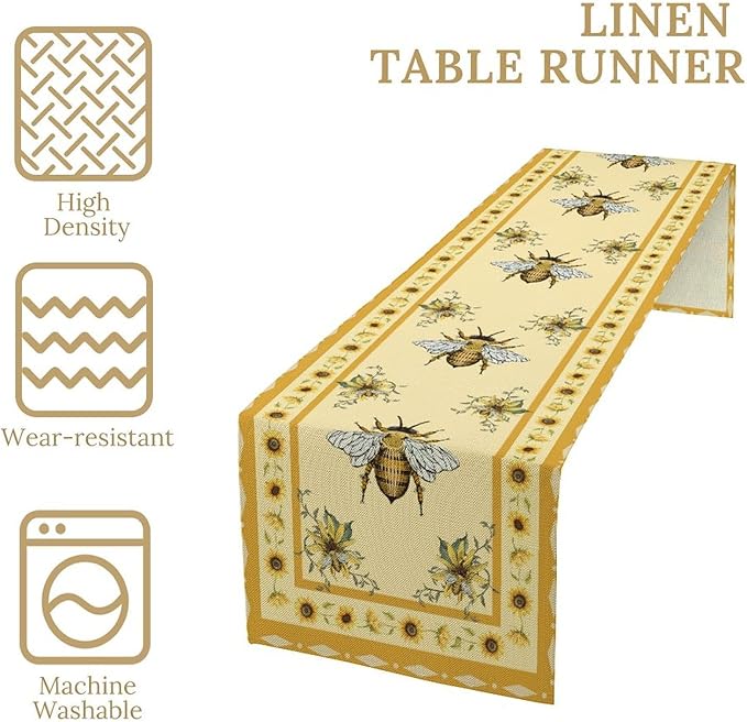 Honey Bee Table Runner, Farmhouse Yellow Sunflower Retro Summer Linen Tables Runners for Kitchen Dining Table Home Party Decor, 13x60inch