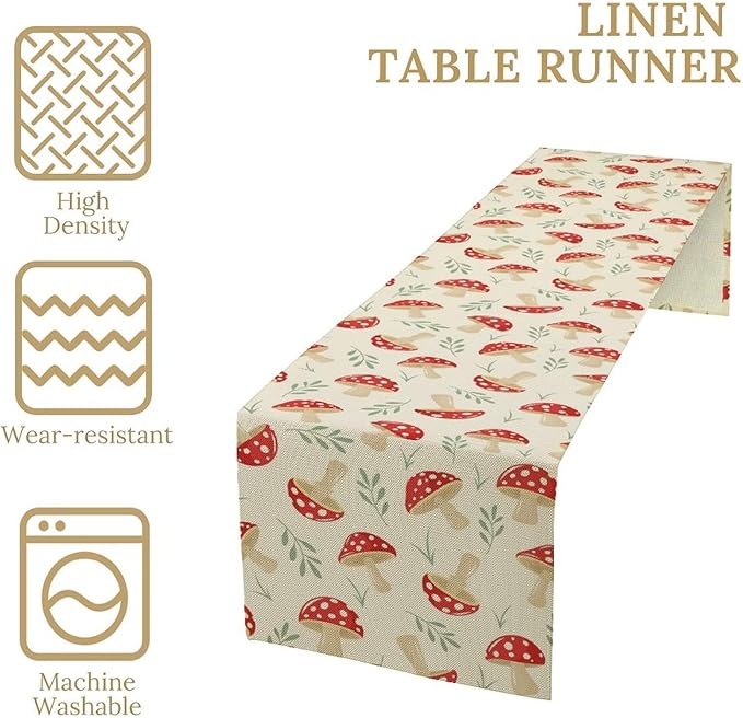 Mushroom Table Runner,Vintage Plant Print Table Runner for Kitchen Dining Table Home Party Decoration 13x72 Inch