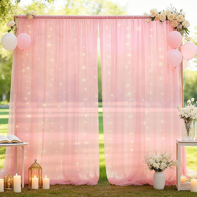 10×8ft Tulle Backdrop Curtains with Lights String - 300LED Fairy Lights Sheer Curtain Backdrop for Weddings Baby Shower and Birthday Party Decorations(4 Panels 5×8ft)