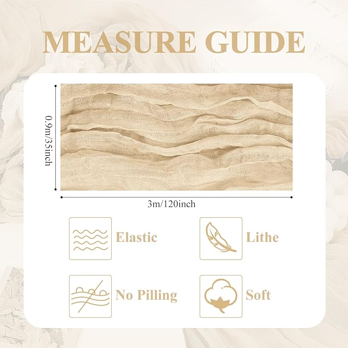 Asee'm 6pcs Cheesecloth Table Runner 120 Inches Long Sand Boho Gauze Cheese Cloth Runner 10FT Rustic Sheer Table Runners for Christmas Wedding Party Baby Shower Spring Easter Decoration