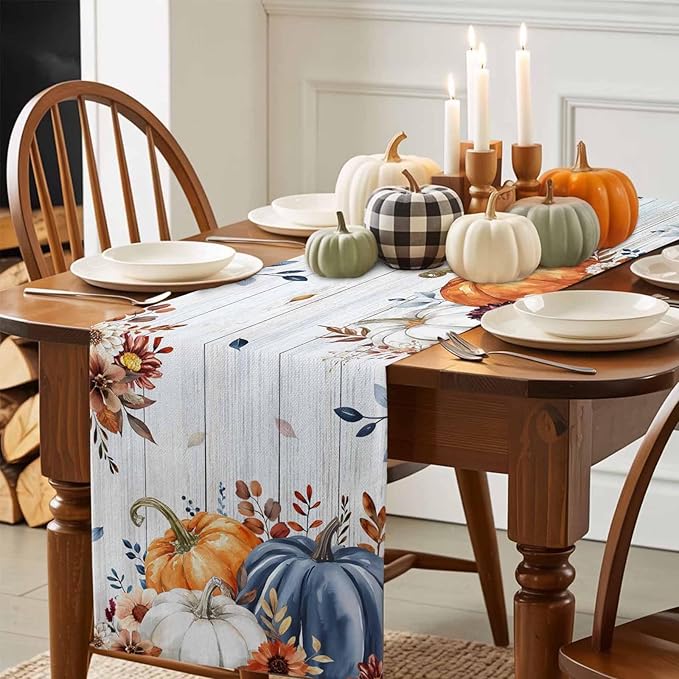 Thanksgiving Fall Cotton Linen Table Runner for Dining Kitchen, Pumpkins Eucalyptus Wedding Outdoor Party Tablerunners Decoration, Farmhouse Wooden Dresser Scarf Coffee Tablecloth Runners 13x36 Inches