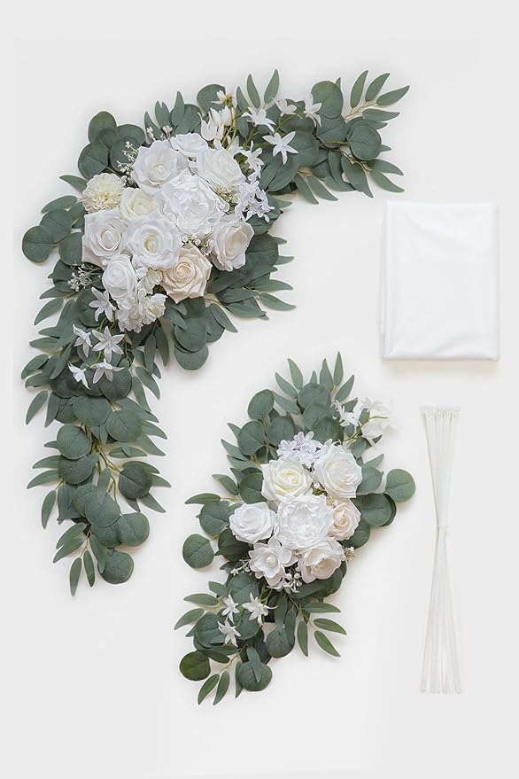 White Artificial Wedding Arch Flowers Kit (Pack of 3) with 26Ft White Shiny Arch Draping Fabric for DIY Wedding Party Ceremony Reception Backdrop Floral Decoration