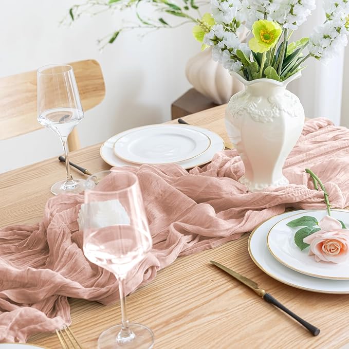 Asee'm Cheesecloth Table Runner 120 Inches Dusty Pink Boho Gauze Cheese Cloth Runner 10FT Rustic Sheer Fall Table Runners for Thanksgiving Wedding Baby Shower Holiday Party Decoration