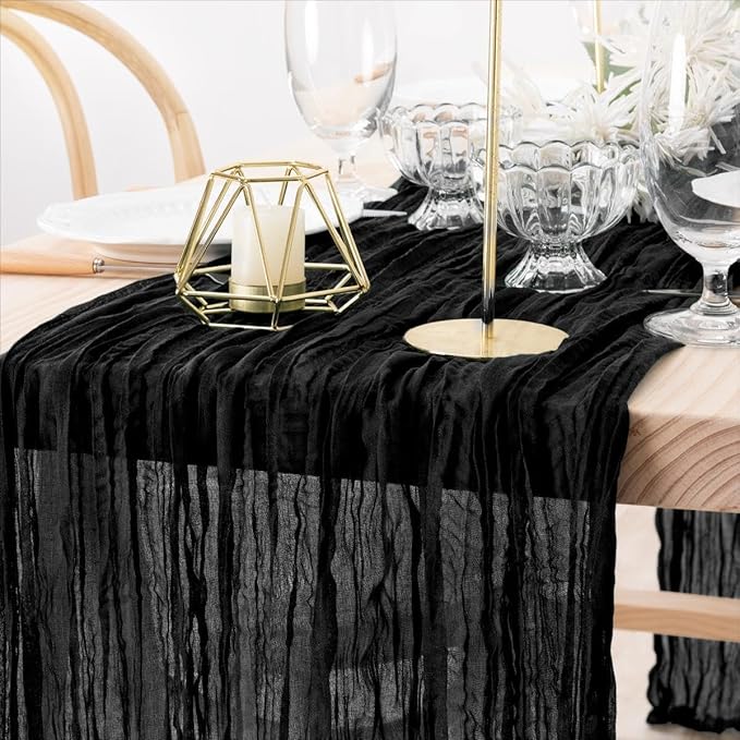 MLMW 10 Pack Halloween Table Runner Cheesecloth Black Boho Gauze Cheese Cloth 160 inch Rustic Sheer Table Runner 13.3ft for Party Wedding Baby Bridal Shower Birthday