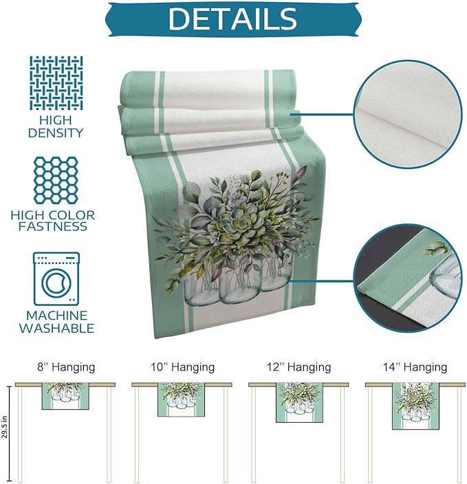 Eucalyptus Cotton Linen Table Runner for Dining Kitchen, Wedding Outdoor Party Tablerunners Decoration, Green Leaves Botanical Plants Watercolor Dresser Scarf Coffee Tablecloth Runners 13x108 Inches