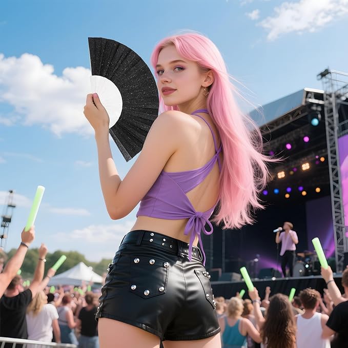 12 Pack Handheld Fan,Folding Hand Glitter fan with Shining Transparent Fan Rib – Ideal for Wedding, Church, Festival, Dance, Tea Party, Club, and EDM Accessories, Black