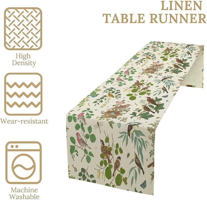 Vintage Bird Flower Table Runner Seasonal Spring Summer Garden Plants Farmhouse Country Kitchen Dining Table Decoration for Home Party Holiday 13"x120"