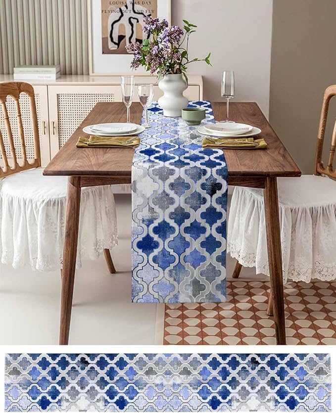 Blue Morocco Plaid Cotton Linen Table Runner for Dining Kitchen, Wedding Outdoor Party Tablerunners Decoration, Distressed Abstract Painted Vintage Dresser Scarf Coffee Tablecloth Runners 13''x120''