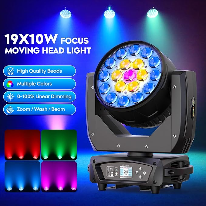 19x10W Moving Head Light Focusing/Beam/Wash/Zoom Effect Stage Lights 4-in-1 LED DMX512 & Sound Activated Control for DJ Disco Nightclub KTV Bar Theater Shopping Mall (6 PCS