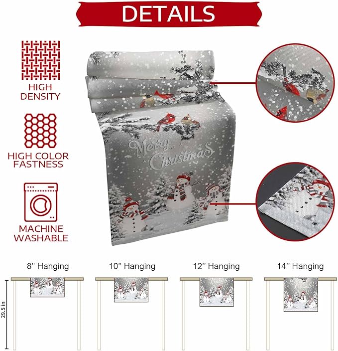 Christmas Snowman Cotton Linen Table Runner for Dining Kitchen, Snowflakes Xmas Pine Tree Wedding Outdoor Party Tablerunner Decoration Winter Bird Dresser Scarf Coffee Tablecloth Runners 13x48 Inches