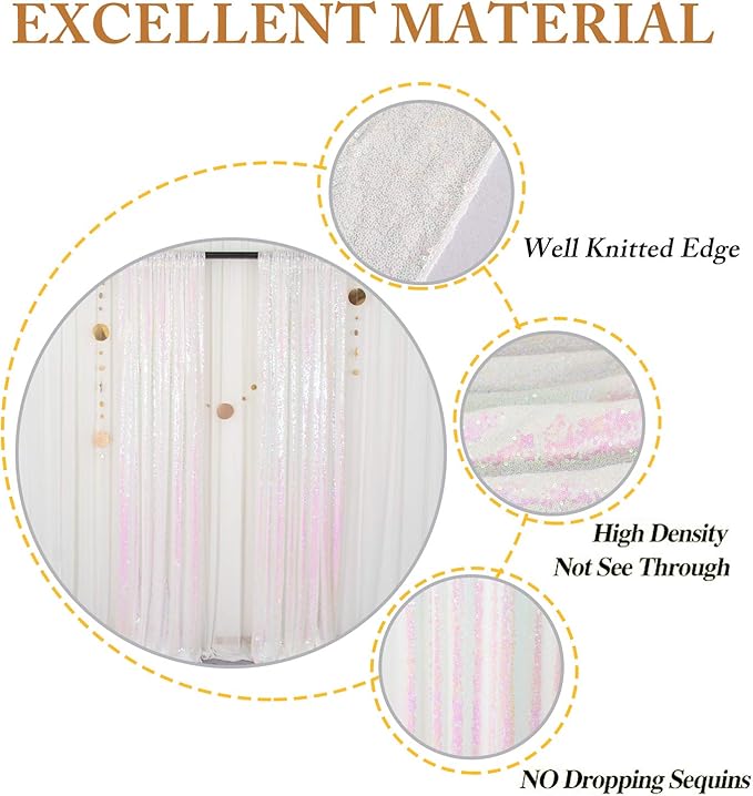 ShinyBeauty White Sequin Backdrop 4FTx8FT 2 Pieces Iridescent White Backdrop Curtains Panels Glitter Photo Backdrop Transparent Birthday Themed Backdrop