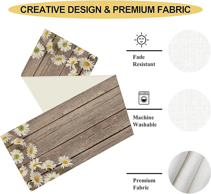 Farmhouse Table Runner, Rustic Wood Plank Spring Daisy Flower Retro Wooden Country Table Center Decor for Home Kitchen Dining Patio Holiday Party Indoor Outdoor Table Decorations, 13"x36" Inch