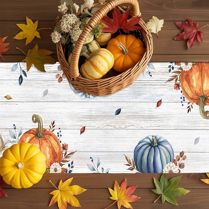 Thanksgiving Fall Cotton Linen Table Runner for Dining Kitchen, Pumpkins Eucalyptus Wedding Outdoor Party Tablerunners Decoration, Farmhouse Wooden Dresser Scarf Coffee Tablecloth Runners 13x60 Inches
