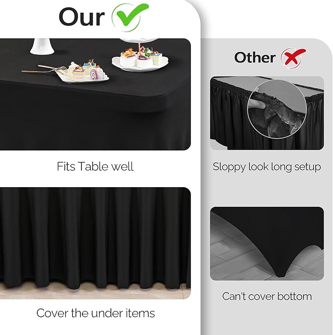 Wish Care 2 Pack Black Spandex Table Cloths - Fitted Rectangle Table Cover, Wrinkle Free, 4ft, Stretch Tablecloths for Party, Banquet, Wedding and Events