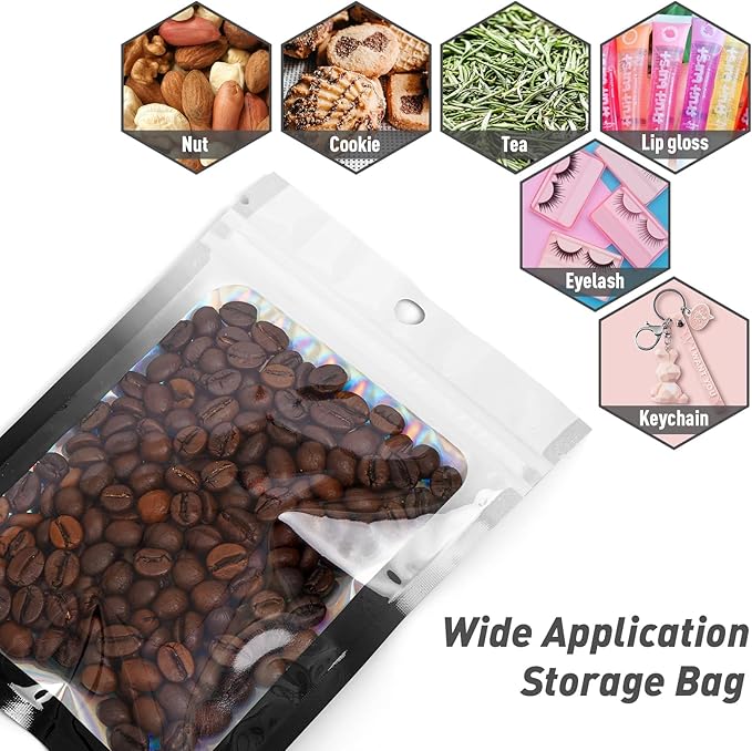 Funfery 100 Pack Gradient Holographic Bags,Resealable Bags with Zipper,Clear Window Packaging Pouchs,Foil Bag for Food Storage,Small Business,Sample Jewelry Bag(3.5×4.7In,White Black)