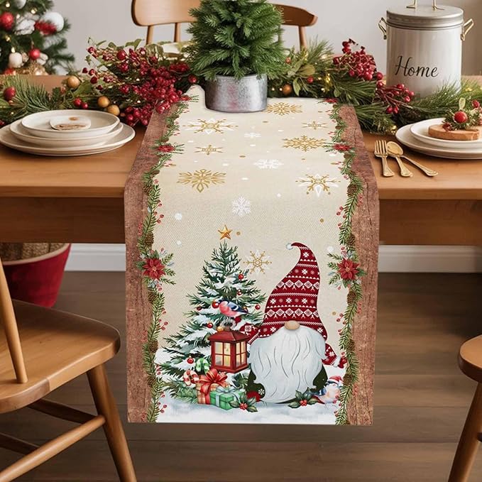 Christmas Gnomes Cotton Linen Table Runner for Dining Kitchen, Xmas Pine Tree Snowflake Rustic Wedding Outdoor Party Tablerunners Decoration, Retro Wood Dresser Scarf Tablecloth Runners 13x108 Inches