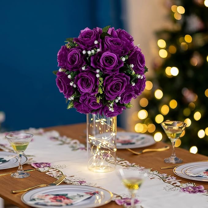 BLOSMON Flower Balls Wedding Rose Centerpieces 6 Pcs Purple Fake Flowers with Base Kissing Balls Decor Artificial Floral Arrangements Flower Bouquet of Roses Home Party Table DIY Decorations