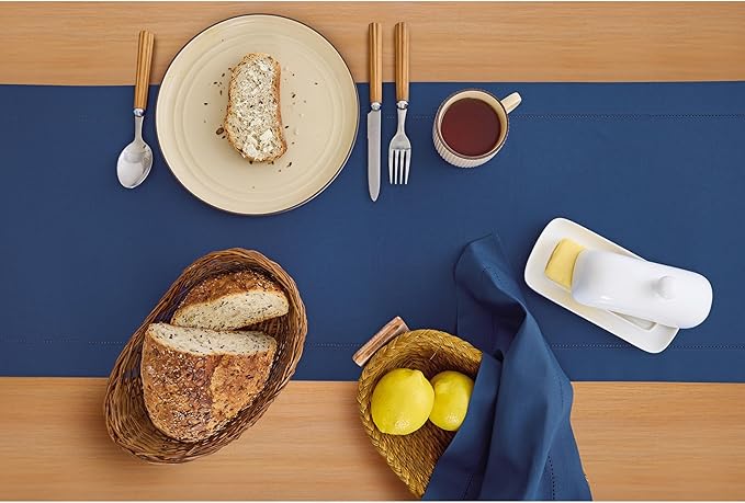 Solino Home Table Runner 120 Inches Long - Cotton Linen Hemstitch Lapis Blue Table Runner 14 x 120 Inch for Fall, Autumn