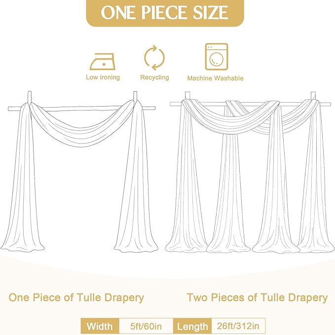 Champagne Arch Draping Fabric for Wedding, 60" x 26Ft Chiffon Drapery Fabric Drapes Backdrop for Wedding Ceremony Baby Shower Bridal Shower Decoration(1 Panel)