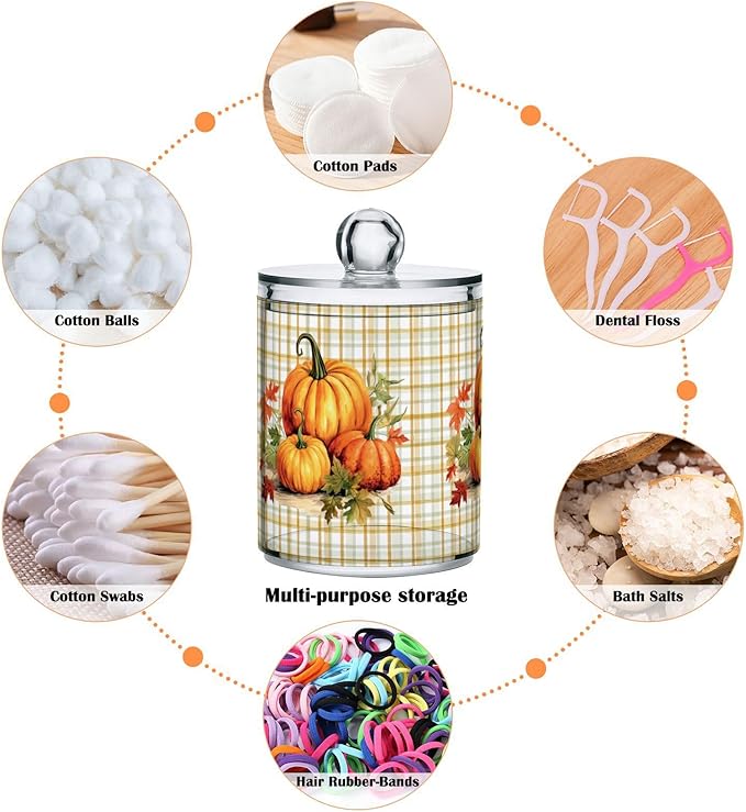 Gredecor 2 Pack Apothecary Jars with Lid Pumpkins Gingham Plaid Qtip Holder Dispenser Storage Containers Clear Plastic Rustic Fall Autumn Thanksgiving Theme Canisters for Bathroom Vanity Organization