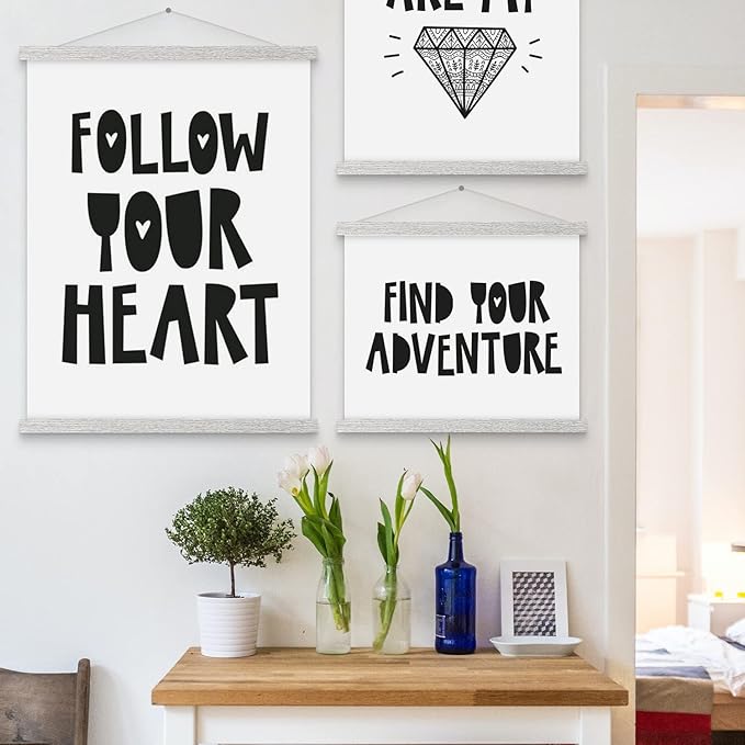 Magnetic Poster Hanger, 11x17 11x14 11x22 Poster Frame Wood Wooden Magnet Print Posters Dowel Scroll Hanger Hangers Hanging Kit for Walls Map Canvas Artwork (Grey, 11")