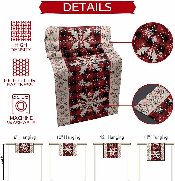 Buffalo Plaid Christmas Cotton Linen Table Runner for Dining Kitchen, Snowflake Red Black Check Wedding Outdoor Party Tablerunner Decoration, Retro Dresser Scarf Coffee Tablecloth Runners 13x36 Inches