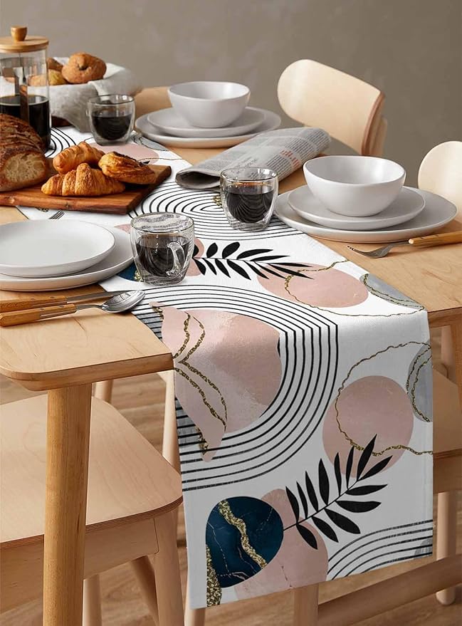 Modern Boho Cotton Linen Table Runner for Dining Kitchen, Wedding Outdoor Party Tablerunners Decoration, Abstract Bohemian Tropical Palm Leaf Dresser Scarf Coffee Tablecloth Runners 13x90 Inches
