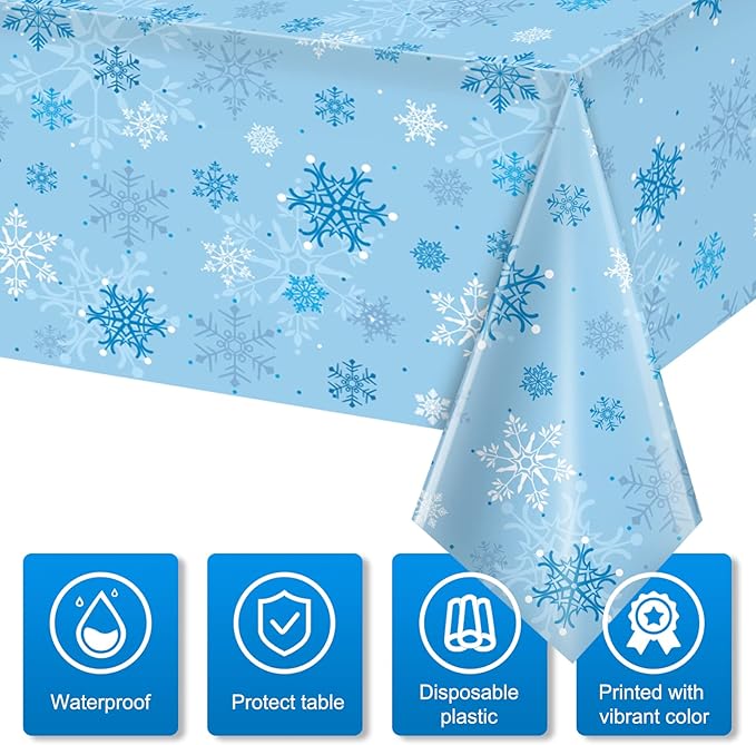 3 Pieces Snowflake Christmas Tablecloth, Plastic Ice Blue and White Winter Wonderland Table Cover for Holidays, 54x108 inch